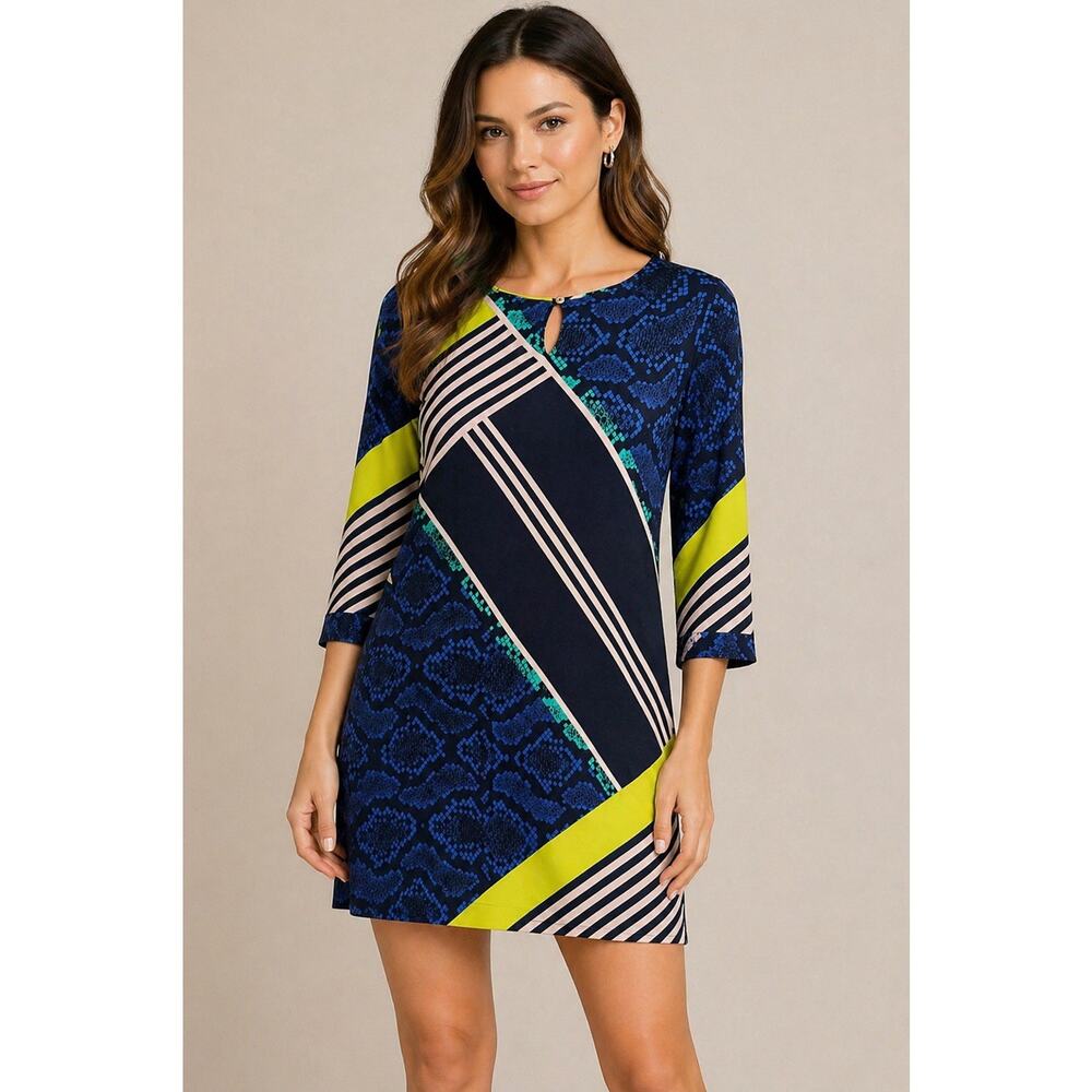 Vince Camuto Dress Womens Size 6 Blue Geometric Print Shift 3/4 Sleeve Keyhole